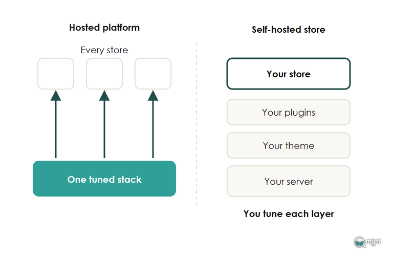 Side-by-side diagram: a hosted platform runs one tuned stack under every store, while a self-hosted store layers your server, theme and plugins