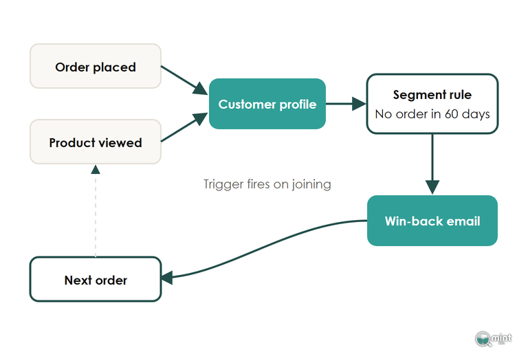 Loop diagram of an order and a product view feeding a customer profile, a 60-day no-order segment and a win-back email that leads to the next order