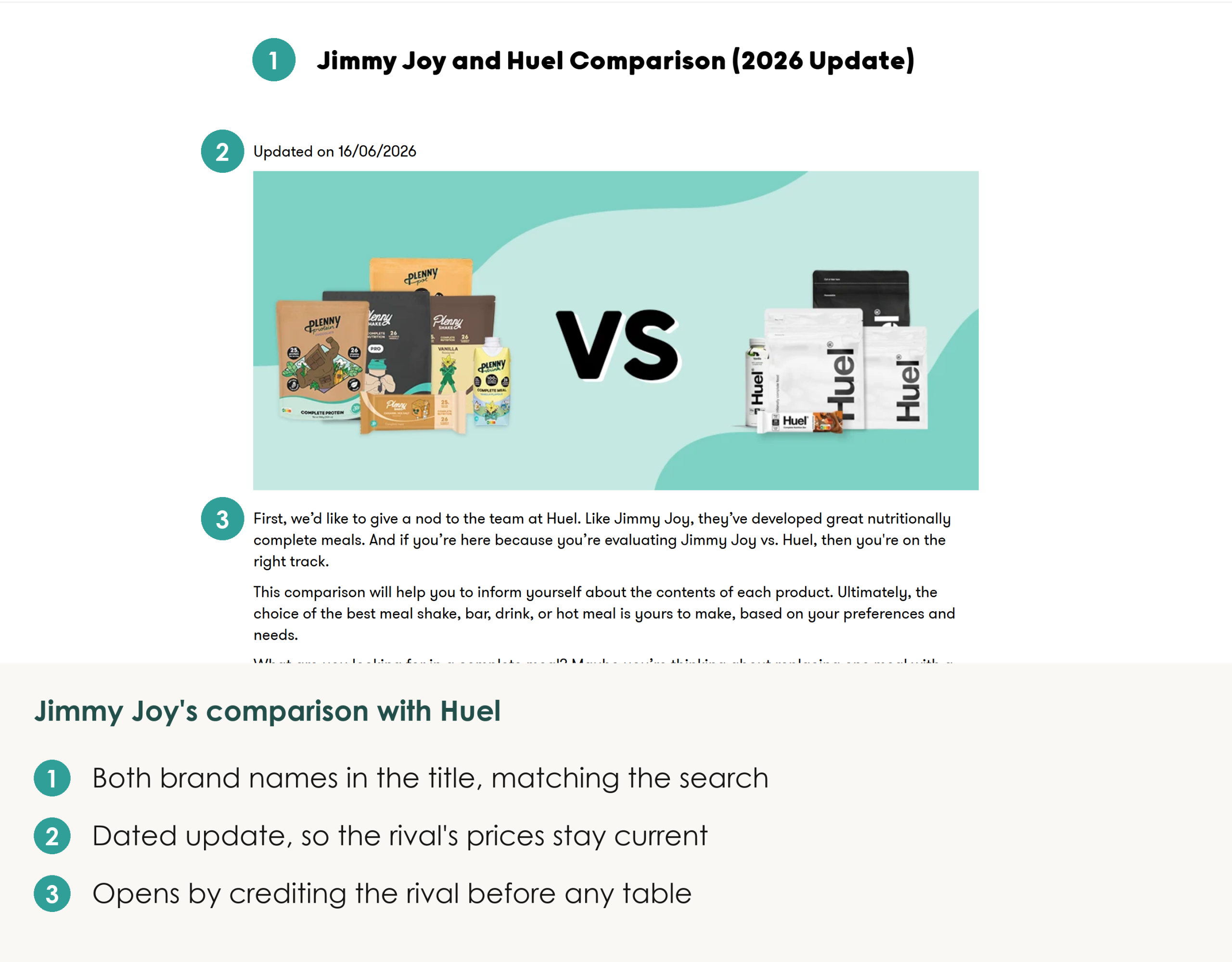 Jimmy Joy's comparison page with Huel, showing its title, June 2026 update date and opening line