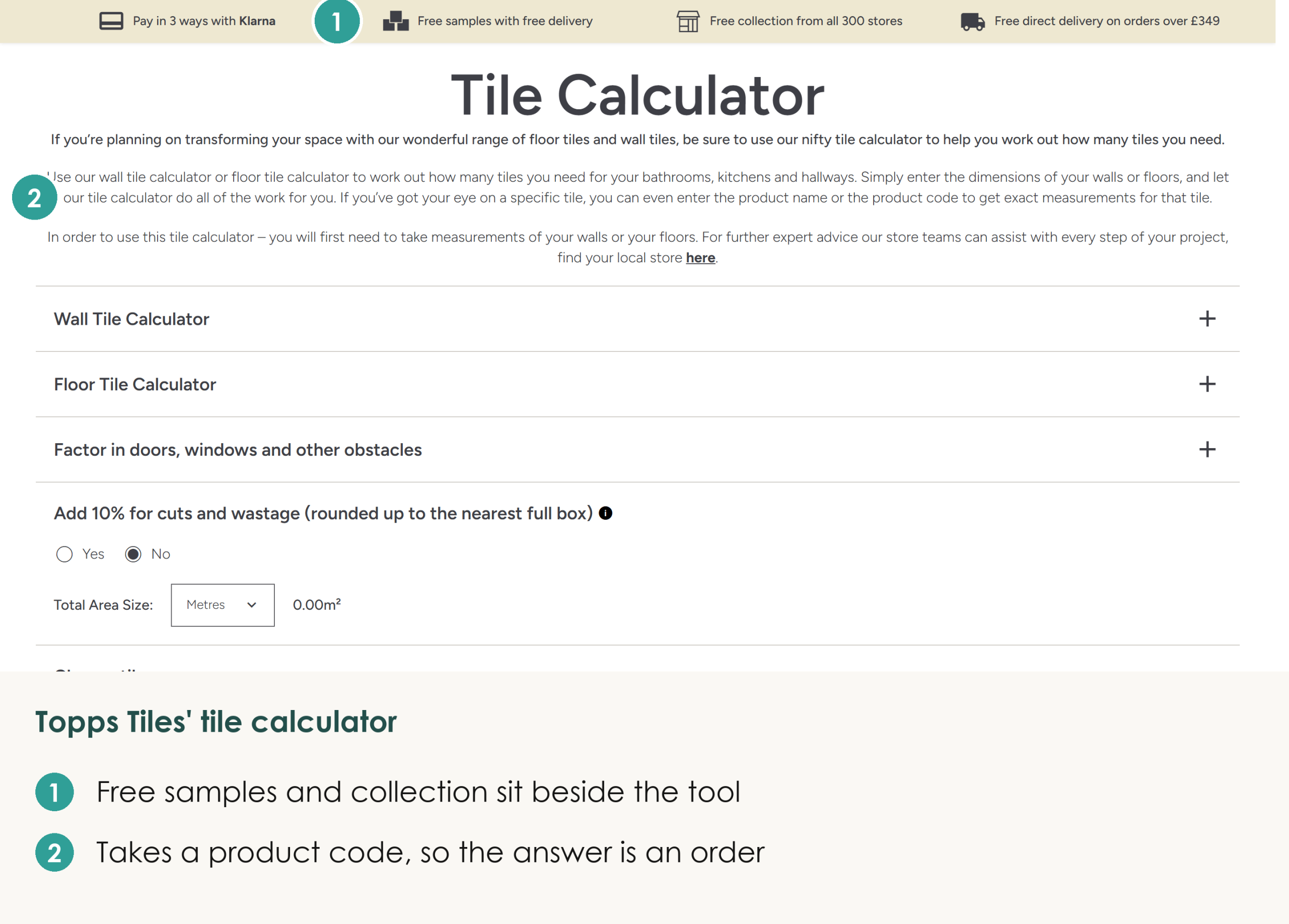 Topps Tiles' tile calculator page, with free samples and store collection shown above the tool